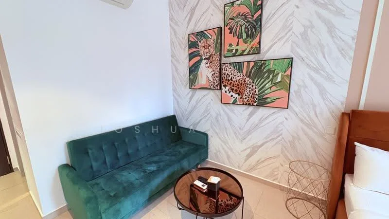 Room features: green velvet sofa, round glass coffee table, framed artwork with leopard and tropical leaves, marble accent wall, light-colored tiled flooring, air conditioning unit, wooden bed frame with white bedding; style: modern.