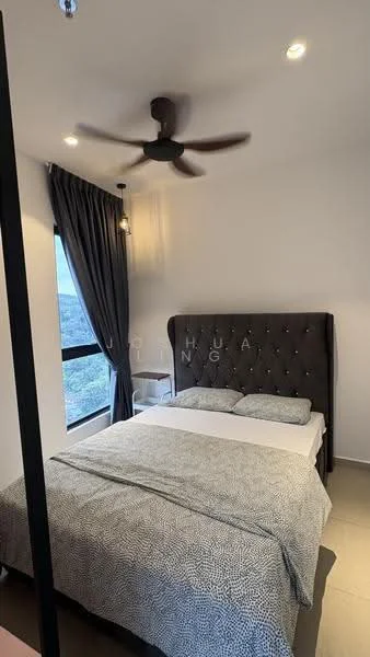 Bedroom features: king-size bed, upholstered headboard, bedside lamps, floor-to-ceiling windows, blackout curtains, 5-blade ceiling fan, recessed downlights, decorative wall, grey bedding, neutral wall colour, carpeted flooring; style: modern; view: city.