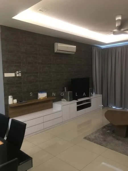 Living features: grey accent wall, white painted walls, polished tile flooring, 5-blade ceiling fan with light, wall-mounted TV, TV console, white cabinetry, wooden shelf, area rug with geometric pattern, curtains, wall-mounted split AC; style: modern.