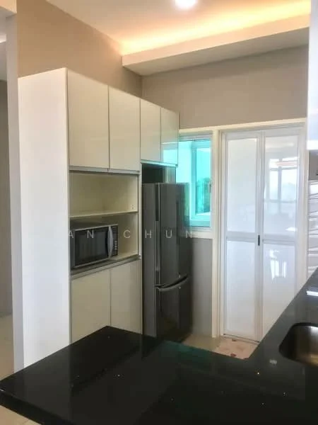 Kitchen features: black granite countertop, white flat-panel cabinets, built-in microwave, stainless-steel fridge, glass window, white backsplash, recessed downlights, open shelving, kitchen island; style: modern.