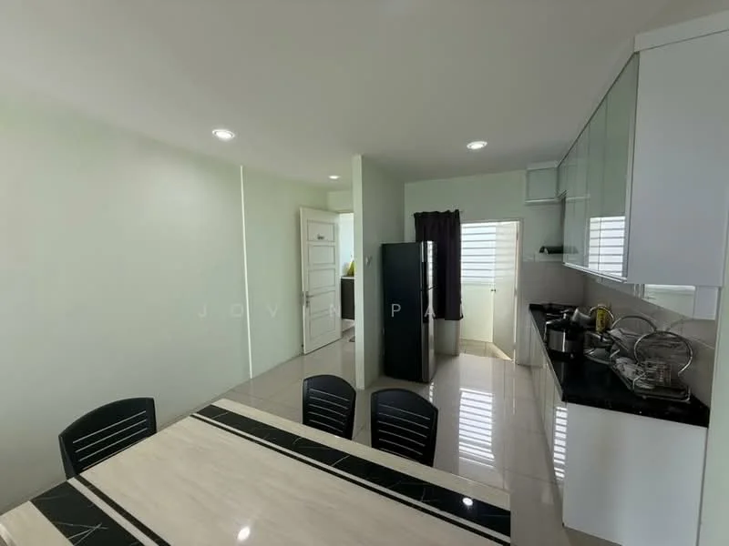 Kitchen features: white painted walls, glossy tile flooring, black countertop, stainless-steel fridge, built-in cabinets with glass fronts, kitchen sink, window with blinds, recessed downlights, dining table with black chairs; style: modern.