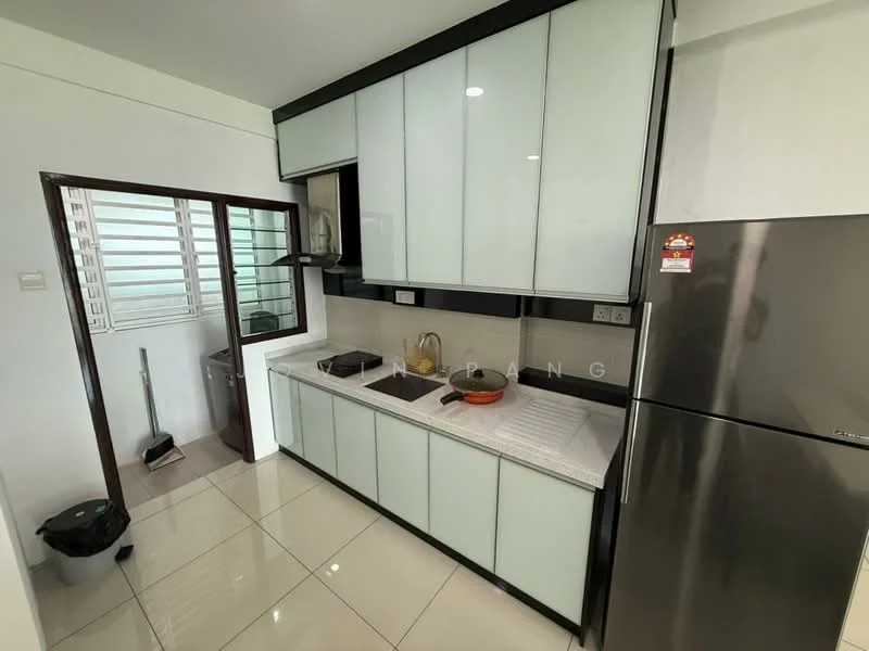 Kitchen features: white glossy cabinetry, black countertop, stainless-steel fridge, built-in stove, single-bowl stainless-steel sink, chrome pull-down faucet, ceramic tile flooring, wall-mounted cabinets, window with horizontal slats, kitchen exhaust hood; style: modern.