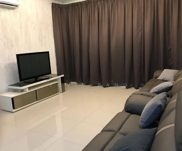 Living features: grey leather sectional sofa, decorative cushions, white TV console, wall-mounted TV, white painted walls, glossy tile flooring, air conditioning unit, floor-to-ceiling curtains in dark grey; style: modern.