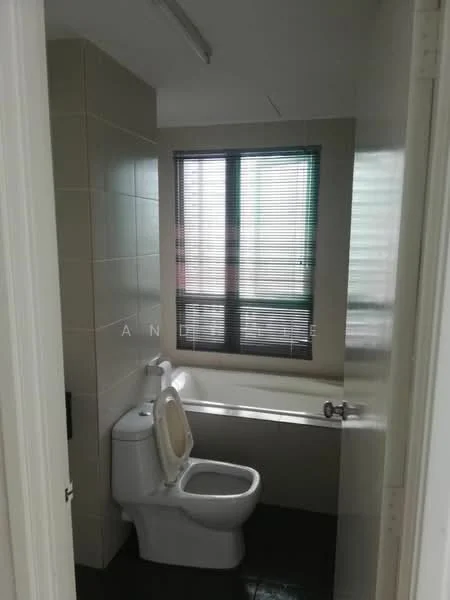 Bathroom features: one-piece toilet, bathtub, window with blinds, tile flooring, light fixture on ceiling, white tiled walls, chrome faucet, bathtub with showerhead.