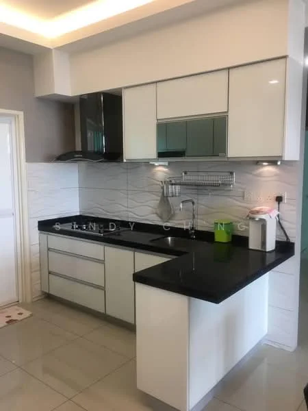 Kitchen features: black granite countertop, white high-gloss cabinets, stainless-steel sink, chrome pull-down faucet, built-in oven, glass-ceramic cooktop, white tile backsplash with wave pattern, recessed downlights, sliding glass door, ceramic tile flooring; style: modern.