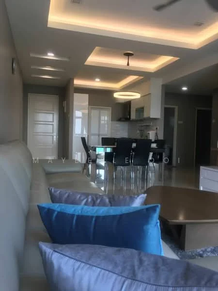 Living features: light grey leather sofa, blue and grey decorative cushions, coffee table with wooden surface, recessed ceiling with LED lighting, pendant light fixture, open-plan layout to kitchen, cream painted walls, glossy tile flooring, floor-to-ceiling windows, dining area visible in background, kitchen island with seating, ceiling fan; style: modern.