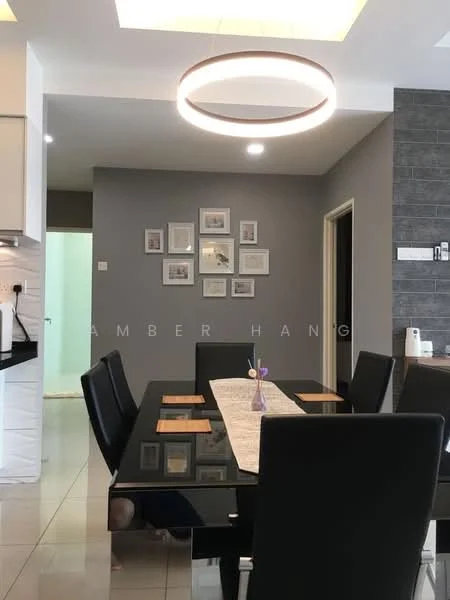 Dining features: black glass dining table, 6 upholstered dining chairs in black, pendant light fixture, grey painted walls, white ceiling with recessed lighting, framed artwork on walls, tile flooring, kitchen area visible in background; style: modern.