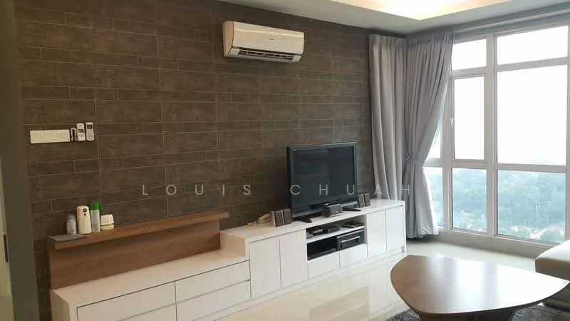 Living features: grey accent wall, white painted walls, floor-to-ceiling windows, sheer curtains, wall-mounted TV, white TV console, wooden feature wall, 1 wall-mounted split AC, coffee table, decorative items on console; style: modern; view: city.