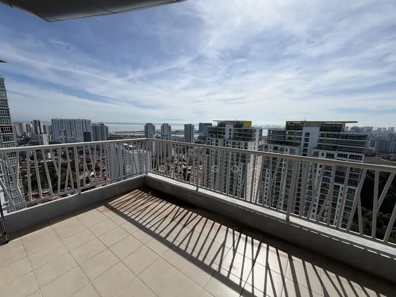 Room features: balcony, city skyline view, ceramic tile flooring, metal railing, sunlight casting shadows, high-rise building, surrounding urban landscape; style: modern; view: city.