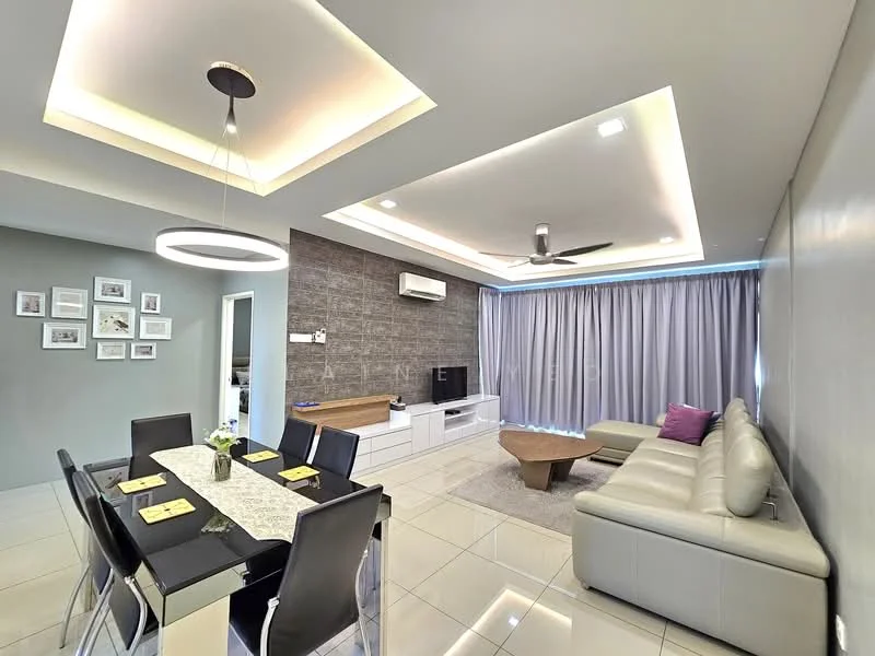 Living features: sofa in light grey leather, coffee table in unique shape, TV console in white, wall-mounted TV, 5-blade ceiling fan with integrated LED light, recessed downlights, cream painted walls, grey accent wall, floor-to-ceiling windows with sheer curtains, marble tile flooring, decorative wall art, dining table with marble top and black chairs; style: modern.