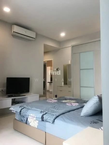 Bedroom features: queen-size bed with floral bedding, upholstered headboard, 2 bedside lamps, wall-mounted TV, built-in wardrobe with sliding doors, 1 wall-mounted split AC, cream painted walls, light-colored flooring, decorative mirror, study desk, chair; style: modern.