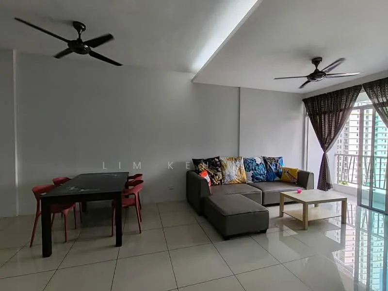 Living features: L-shape sectional sofa in grey, coffee table, 4-seater dining table, red dining chairs, floor-to-ceiling windows, curtains with floral pattern, 2 ceiling fans, glossy tile flooring, white painted walls, decorative cushions; style: modern; view: city.