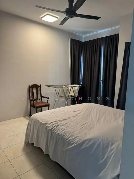 Bedroom features: queen-size bed with white bedding, tile flooring, white painted walls, ceiling fan, two windows with dark curtains, wooden chair, glass table, recessed ceiling lights; style: modern.