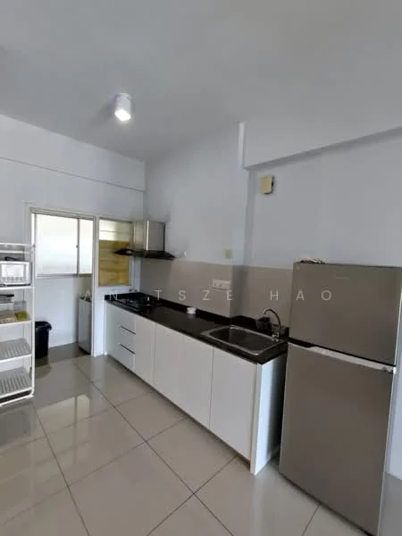 Kitchen features: white cabinetry, black countertop, stainless-steel sink, chrome pull-down faucet, built-in oven, freestanding fridge, ceramic tile flooring, recessed downlights, window with sheer curtains, open shelving, kitchen island, wall-mounted cabinets; style: modern.