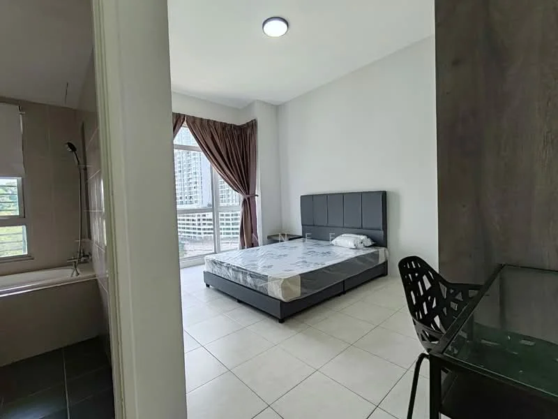 Bedroom features: king-size bed with upholstered headboard, floor-to-ceiling windows, sheer curtains, tile flooring, recessed ceiling light, glass-top study desk, black dining chair, balcony access, bathtub visible in adjacent bathroom, white painted walls; style: modern; view: city.