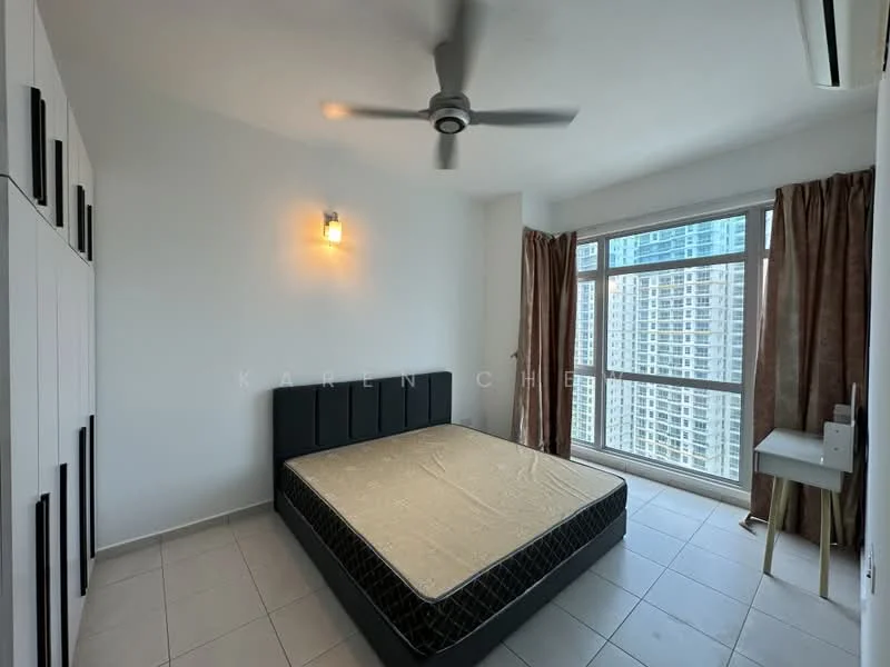 Bedroom features: queen-size bed, upholstered headboard, built-in wardrobe with sliding doors, floor-to-ceiling windows, curtains, ceiling fan, white painted walls, tile flooring, wall-mounted air conditioning unit, nightstand; style: modern; view: city.