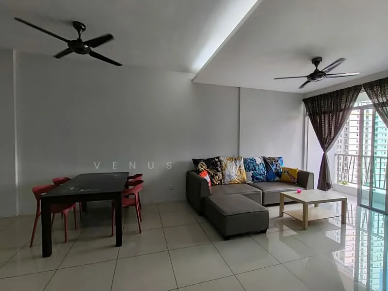 Living features: grey L-shape sectional sofa, colorful throw pillows, coffee table, 4-seater dining table with black surface, red dining chairs, floor-to-ceiling windows, curtains with floral pattern, white painted walls, glossy tile flooring, 2 ceiling fans with light; style: modern; view: city.