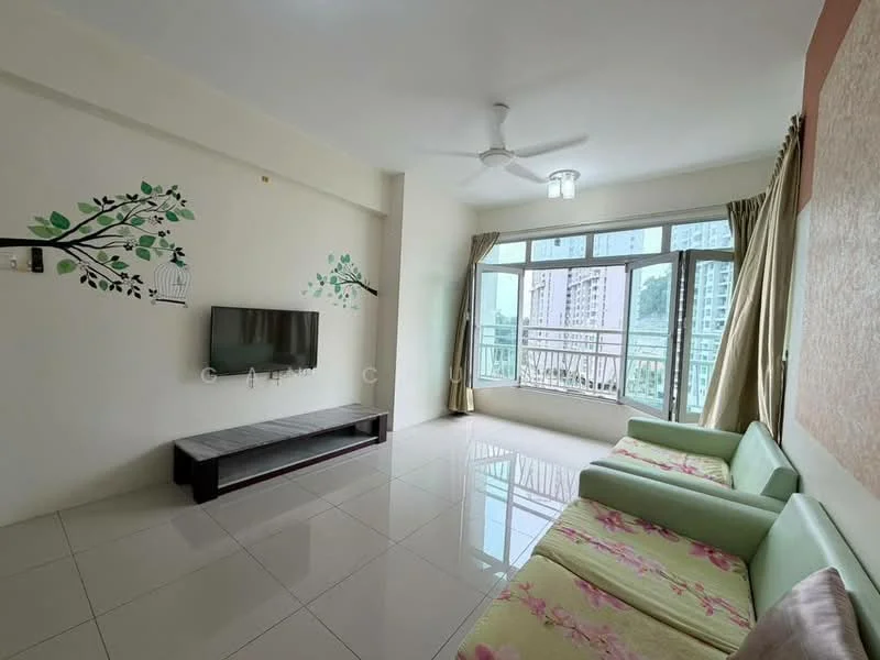 Living features: white painted walls, glossy ceramic tile flooring, 5-blade ceiling fan, large windows with city view, curtains, wall-mounted TV, TV console in dark wood, green fabric sofa, decorative wall decals with floral design, area rug with floral pattern; style: modern; view: city.