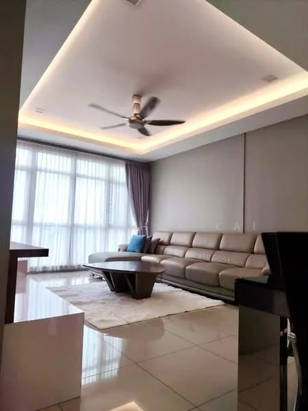 Living features: 3-seater leather sofa in beige, coffee table, area rug, floor-to-ceiling windows, sheer curtains, recessed LED downlights, ceiling fan, wall-mounted TV, decorative wall with grey painted walls, tile flooring; style: modern; view: city.