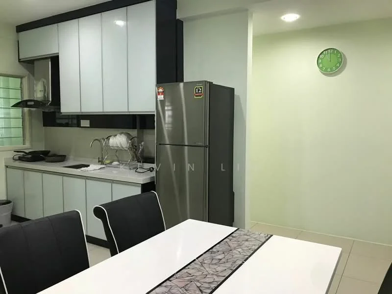 Kitchen features: white and black cabinetry, stainless-steel fridge, ceramic tile flooring, white countertop, black sink, chrome faucet, wall-mounted cabinets, dining table with marble top, black upholstered dining chairs, green wall clock, window with green view, light ceiling fixtures; style: modern.