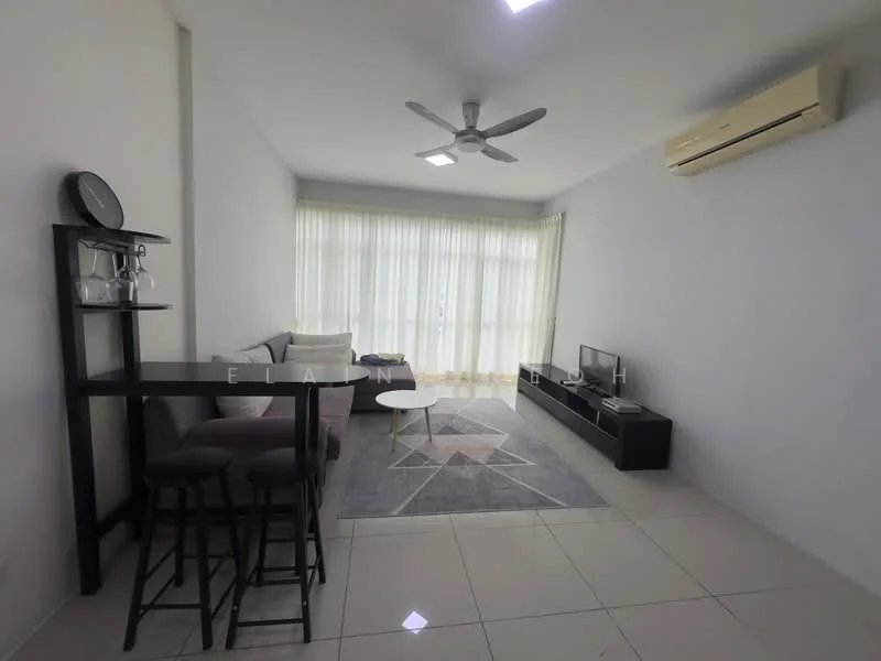 Living features: 3-seater fabric sofa in light grey, coffee table with white top, TV console with flat-screen TV, area rug with geometric pattern, wall-mounted split AC, 5-blade ceiling fan with light, floor-to-ceiling windows with sheer curtains, light-colored walls, tile flooring, decorative wall art; style: modern.