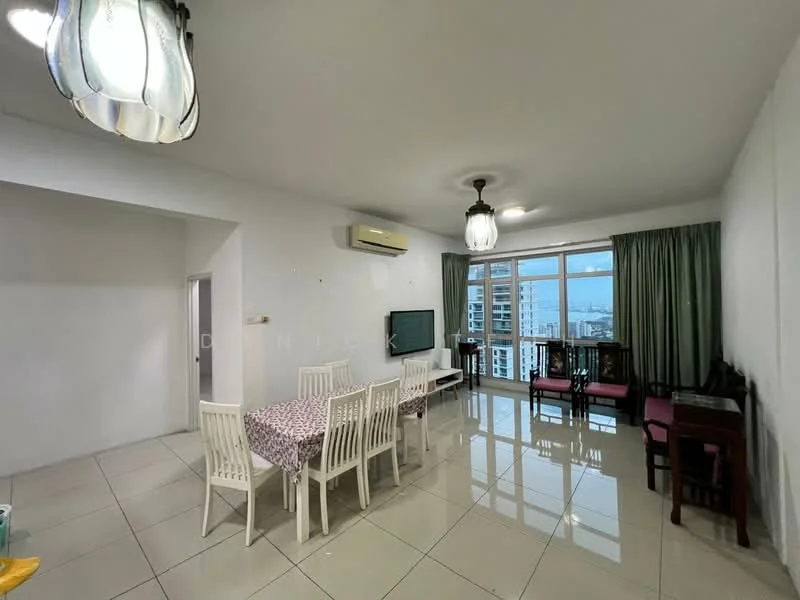 Living features: white painted walls, glossy tile flooring, 5-blade ceiling fan with light, wall-mounted TV, floor-to-ceiling windows, curtains in green, dining table with 6 white chairs, 2-seater wooden sofa, 2 armchairs, decorative wall light; style: modern; view: city.