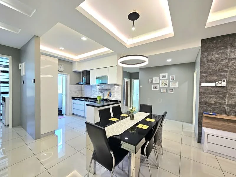 Dining features: 6-seater dining table with black glass top, upholstered dining chairs in black, pendant light fixture, recessed ceiling lights, white painted walls, grey accent wall, tile flooring, decorative wall frames, open layout to kitchen, window with natural light; style: modern. Kitchen features: white cabinetry, stainless-steel appliances, ceramic tile backsplash, granite countertop, built-in oven, freestanding range oven, single-bowl stainless-steel sink, chrome pull-down faucet, refrigerator, open layout to dining area; style: modern.