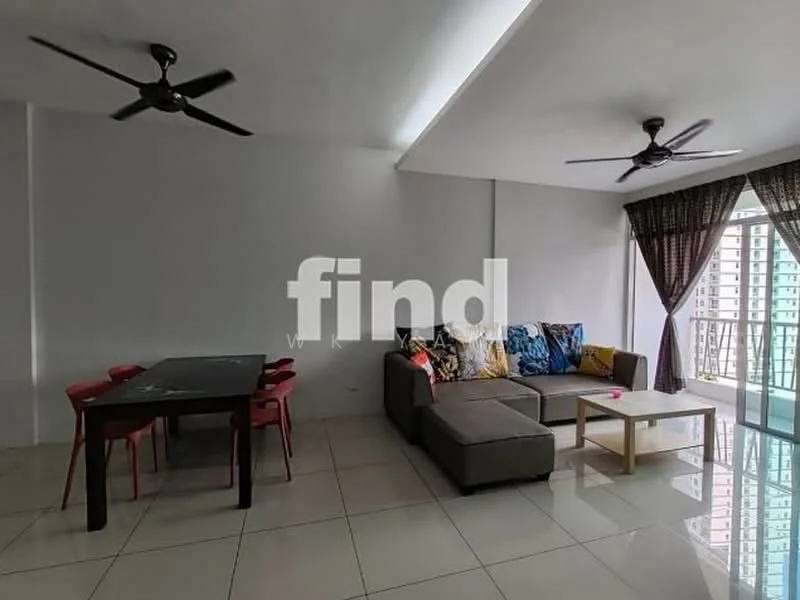 Living features: grey L-shape sectional sofa, colorful throw pillows, black dining table with 4 red chairs, glass coffee table, floor-to-ceiling windows, sheer curtains, 2 ceiling fans, white painted walls, glossy tile flooring, balcony access; style: modern; view: city.
