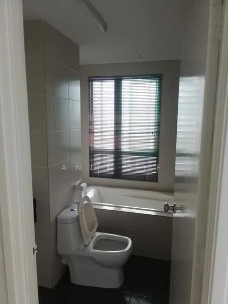 Bathroom features: white toilet, bathtub, black tile flooring, white tiled walls, window with blinds, sink with faucet, mirror, light fixture.
