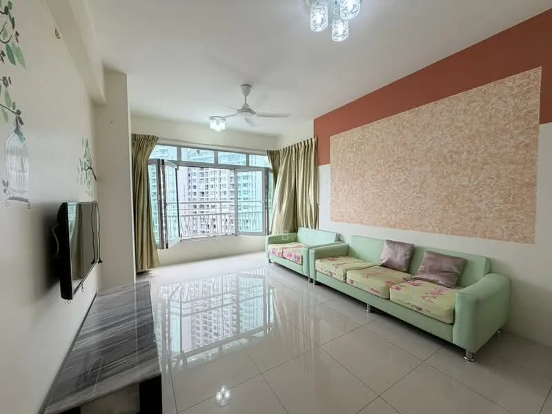 Living features: 3-seater fabric sofa in light green with floral pattern, marble TV console, wall-mounted TV, floor-to-ceiling windows, curtains in light beige, ceiling fan with light, glossy tiled flooring, accent wall in terracotta, decorative wall panel with textured finish, wall decals of plants; style: modern; view: city.