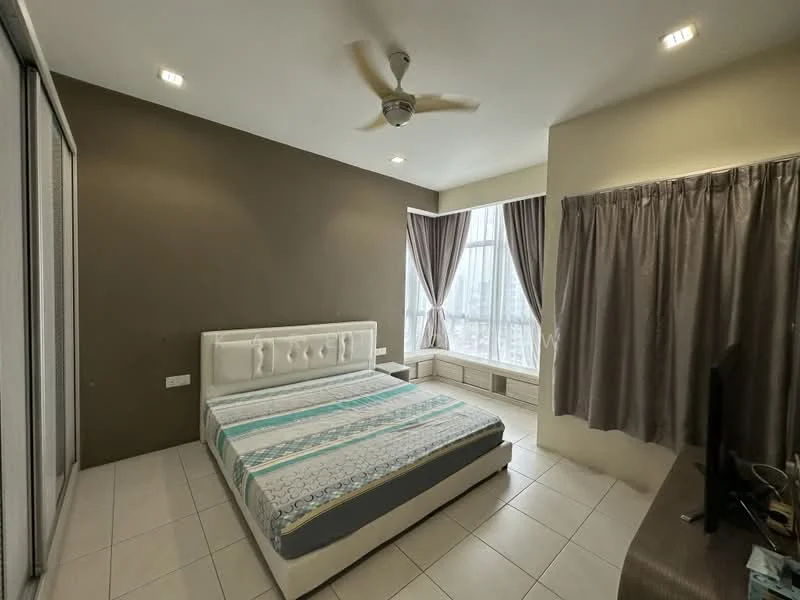Bedroom features: king-size bed with upholstered headboard, floor-to-ceiling windows, grey curtains, cream walls, accent wall in brown, recessed downlights, ceiling fan, built-in wardrobe with sliding doors, tile flooring, window seat, decorative wall paneling; style: modern; view: city.