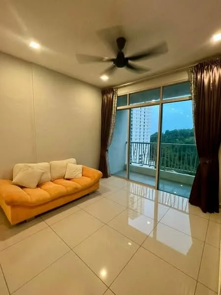 Living features: orange fabric sofa, 4 white cushions, white painted walls, glossy tile flooring, ceiling fan with 5 blades, floor-to-ceiling windows, sliding glass door, curtains in dark brown, balcony view, recessed downlights; style: modern; view: garden.