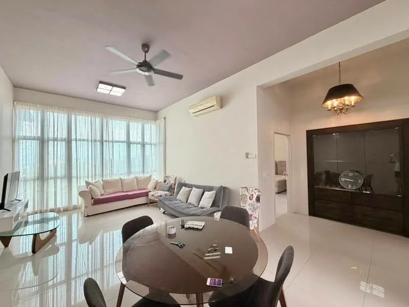 Living features: 5-blade ceiling fan with light, sofa with floral pattern, 3-seater fabric sofa in grey, coffee table, TV console, wall-mounted TV, area rug, floor-to-ceiling windows with sheer curtains, white painted walls, polished tile flooring, recessed downlights; style: modern. Dining features: round dining table, 4 dining chairs, decorative centerpiece; style: modern.