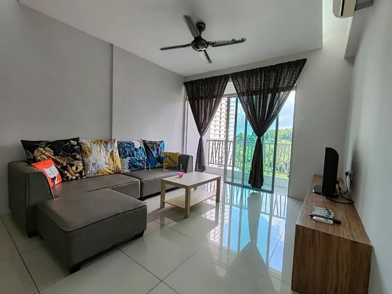 Living features: 3-seater fabric sofa in grey, decorative cushions with floral patterns, coffee table, wall-mounted TV, TV console in wood, floor-to-ceiling sliding glass door, curtains with floral pattern, ceiling fan, glossy tile flooring, natural light from balcony, view of greenery outside; style: modern; view: garden.