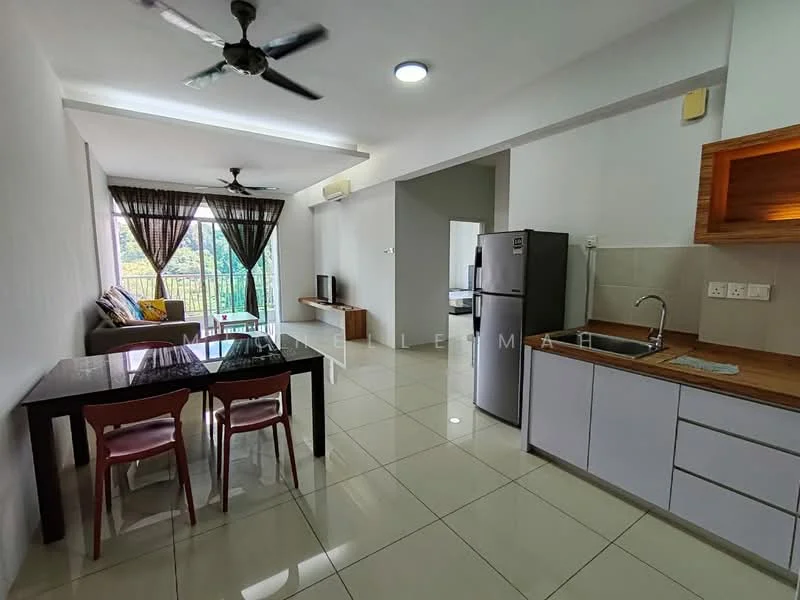 Living features: 3-blade ceiling fan, recessed LED downlights, floor-to-ceiling windows, sliding glass door, grey tiled flooring, sofa with cushions, dining table with 4 chairs, TV console, wall-mounted TV, decorative curtains; style: modern; view: garden. Kitchen features: stainless-steel sink, chrome pull-down faucet, wood countertop, white cabinetry, built-in refrigerator, open shelving; style: modern.