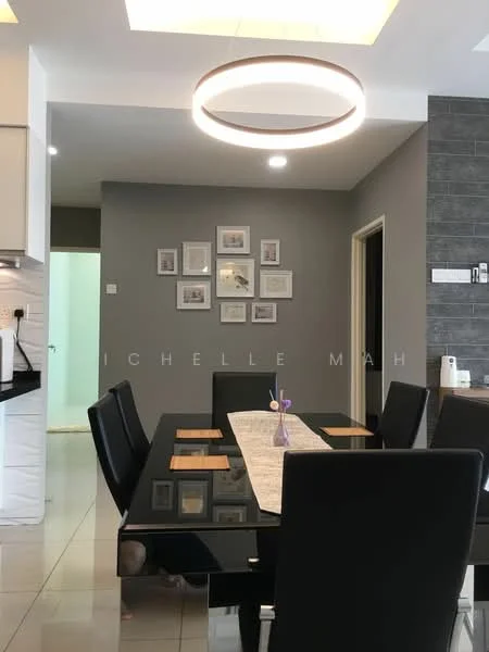 Dining features: black glass dining table, 6 upholstered dining chairs, pendant light fixture, grey painted walls, white ceiling with recessed lighting, framed artwork on wall, tile flooring, open layout to adjacent room; style: modern.