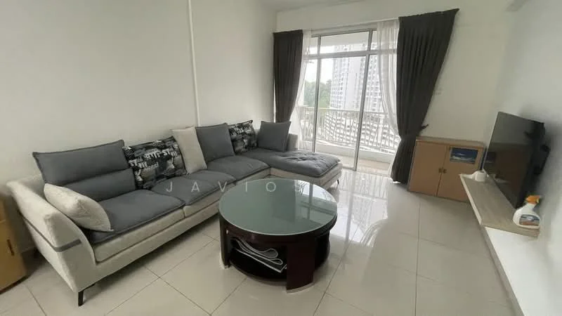 Living features: L-shape sectional sofa in grey, coffee table with glass top, TV console, wall-mounted TV, floor-to-ceiling windows, sheer curtains, white painted walls, glossy tile flooring, decorative wall shelf, cabinets, area rug; style: modern; view: city.