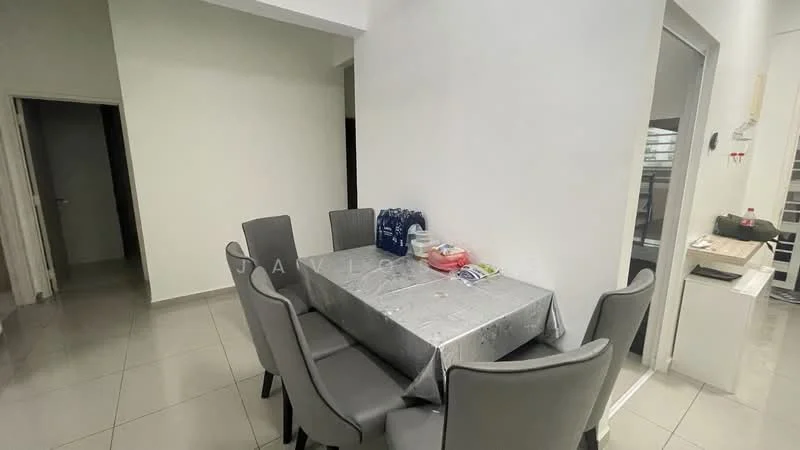 Dining features: 6-seater dining table, grey upholstered dining chairs, silver tablecloth, white painted walls, tile flooring, recessed lighting, open doorway to hallway, open doorway to kitchen; style: modern. Room features: doorway leading to another room.