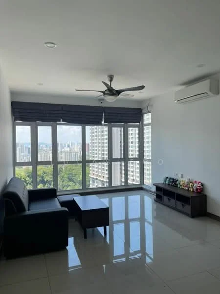Living features: 3-seater fabric sofa in black, coffee table, TV console, wall-mounted TV, floor-to-ceiling windows, roller blinds, 5-blade ceiling fan with light, wall-mounted split AC, glossy tile flooring, decorative items on console; style: modern; view: city.