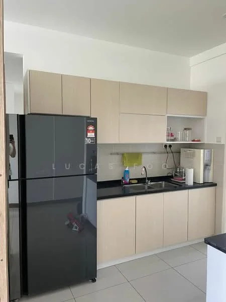 Kitchen features: black granite countertop, light wood cabinetry, stainless-steel fridge, single-bowl stainless-steel sink, chrome pull-down faucet, built-in microwave, ceramic tile flooring, wall-mounted cabinets, kitchen utensils on countertop, dish soap on countertop; style: modern.