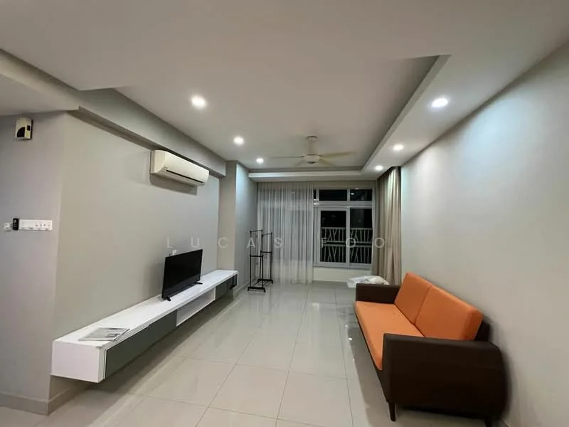 Living features: grey painted walls, white ceiling, recessed downlights, 5-blade ceiling fan, white wall-mounted TV console, flat-screen TV, orange 2-seater sofa, brown 2-seater sofa, large windows with sheer curtains, glossy ceramic tile flooring; style: modern; view: city.