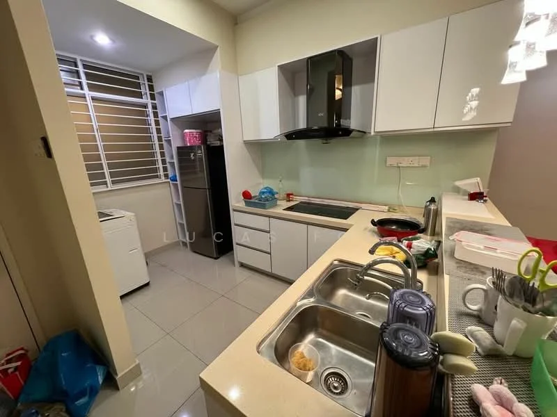 Kitchen features: white cabinetry, grey countertop, double-bowl stainless-steel sink, chrome pull-down faucet, built-in oven, stainless-steel fridge, ceramic tile flooring, recessed downlights, window with horizontal blinds, washing machine, kitchen utensils, plastic containers, dish rack; style: modern.