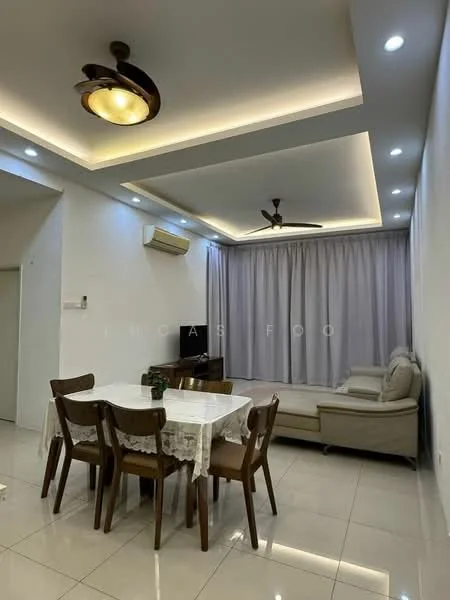 Dining features: white dining table, 4 wooden dining chairs, cream wall paint, recessed ceiling lights, ceiling fan with light, floor-to-ceiling curtains, tile flooring, air conditioning unit on wall, decorative wall paneling, sofa in living area visible, TV console visible; style: modern.