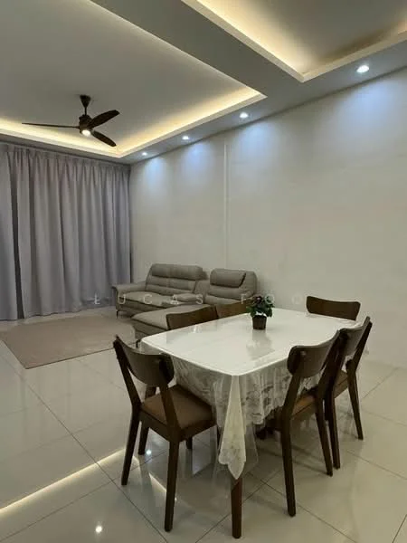 Living features: grey fabric sofa, 2-seater sofa, 3-seater sofa, dining table with white tabletop, 6 wooden dining chairs, recessed LED downlights, ceiling fan, light grey curtains, white painted walls, glossy tile flooring, area rug; style: modern.