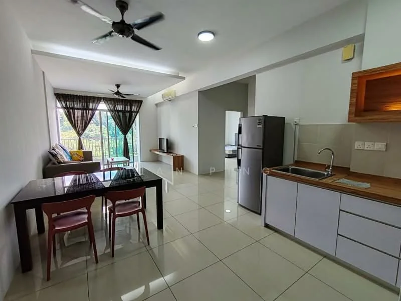 Living features: floor-to-ceiling windows, sliding glass door, grey walls, white ceiling, 5-blade ceiling fan with light, sofa with patterned cushions, TV console, wall-mounted TV, dining table with 4 chairs, stainless-steel fridge, kitchen cabinetry with wood countertop, single-bowl stainless-steel sink, chrome pull-down faucet, open shelving; style: modern; view: garden.