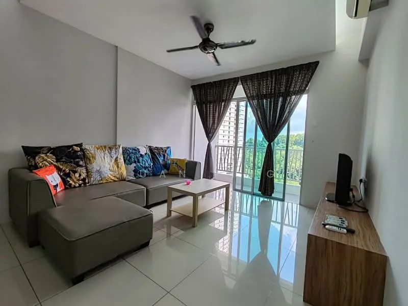 Living features: 3-seater fabric sofa in grey, decorative cushions with floral patterns, coffee table, floor-to-ceiling windows, sliding glass door, blackout curtains, wall-mounted TV, wooden TV console, glossy tile flooring, ceiling fan, natural light from windows, view of greenery outside; style: modern; view: garden.