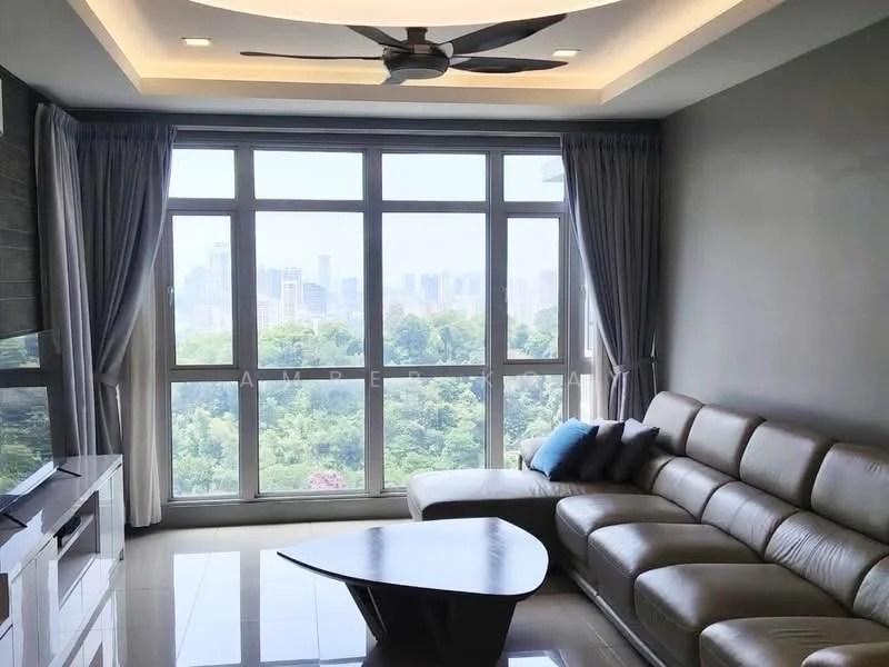 Living features: 3-seater leather sofa in light beige, coffee table with unique shape, floor-to-ceiling windows, city skyline view, grey painted walls, recessed downlights, ceiling fan with light, curtains in light grey, glossy tile flooring; style: modern; view: city.