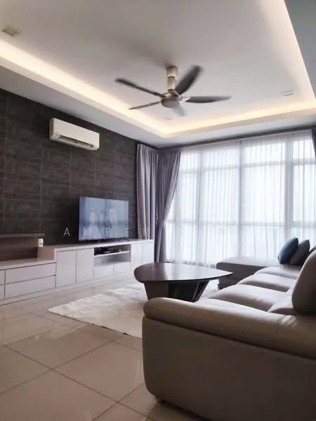 Living features: 5-blade ceiling fan with light, wall-mounted split AC, floor-to-ceiling windows, sheer curtains, grey accent wall, light-colored sofa, coffee table, TV console, wall-mounted TV, area rug, recessed lighting, decorative cushions; style: modern.