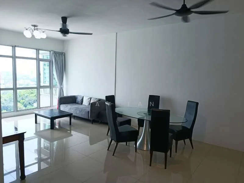 Living features: grey fabric sofa, glass coffee table, round glass dining table, 4 black upholstered dining chairs, 2 ceiling fans, floor-to-ceiling windows, white painted walls, glossy tile flooring, curtains, city view; style: modern; view: city.