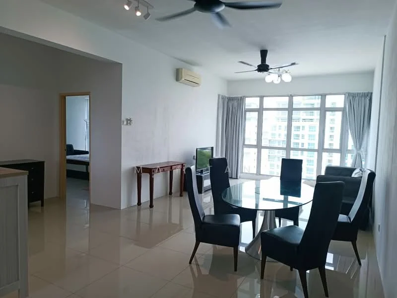 Living features: floor-to-ceiling windows, grey curtains, 5-blade ceiling fan, recessed downlights, wall-mounted TV, black dining table, 4 black upholstered dining chairs, cream painted walls, glossy tile flooring, air conditioning unit; style: modern; view: city.